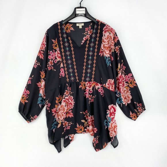 Style & Co Womens Blouse Top Plus Size Black Floral Long Sleeve Crochet Paisley - Picture 2 of 7